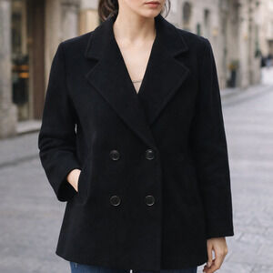 90s Leslie Fay Petites Black Wool Blend Double Breasted Coat